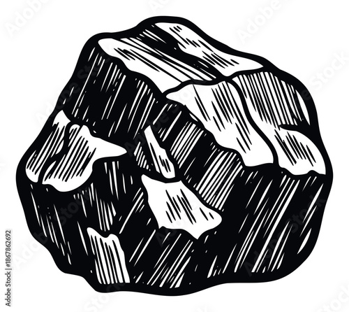 Monochromatic woodcut style stone fragment depicting geological ruggedness, suitable for presentations on materials, excavation, or environmental research.