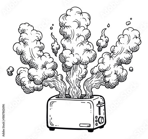 Black and white toaster vigorously emitting thick plumes of smoke, ideal for depicting burning toast scenarios, appliance issues, or humorous kitchen themes.