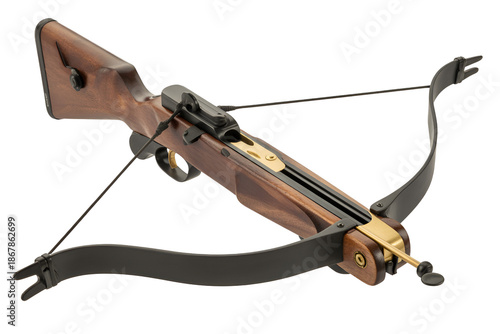 Wooden hunting crossbow with black string isolated on transparent background