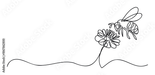 Elegant continuous line drawing of a flying bee approaching a blooming flower, symbolizing natures connection and pollination, ideal for ecological projects or spring season branding.