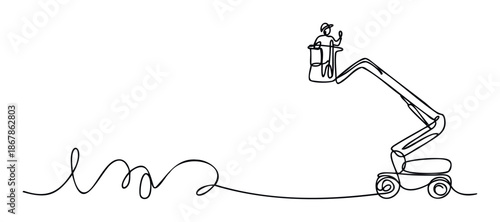 Minimalist one line illustration depicting a worker waving from an elevated work platform boom lift, perfect for construction, maintenance, or industrial service presentations.