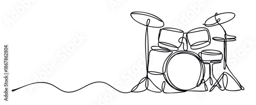 Dynamic single line drawing of a complete drum set ideal for music store promotions recording studio advertisements event posters and musical instrument learning materials