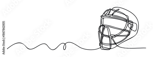 Dynamic oneline drawing of a hockey goalie mask emerging from a continuous flowing line, perfect for sports event promotions, athletic equipment advertisements, or graphic design projects