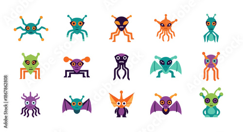Collection of diverse and playful cartoon alien characters in various shapes and colors