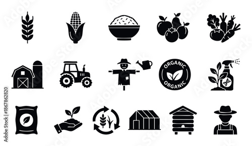 Comprehensive collection of agriculture and farming icons, depicting essential crops, farm machinery, organic practices, and farmer tools for agricultural business and educational