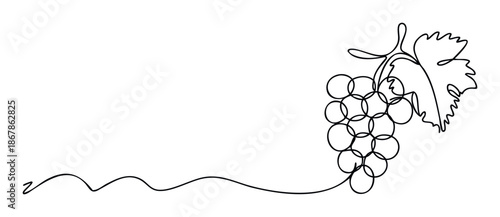 Simple one line drawing of a grape bunch and a vine leaf perfect for winery branding, wine bottle labels, restaurant menus, or any harvest festival promotion