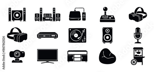 A comprehensive collection of entertainment and home cinema device icons for modern living room setups gaming accessories and movie night experiences