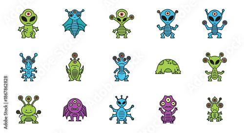 Collection of diverse alien characters and creatures, featuring a variety of extraterrestrial designs and styles