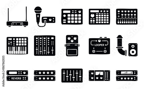 Essential studio equipment icons including microphones mixers synthesizers and audio processors providing a versatile resource for music production graphics and sound engineering projects