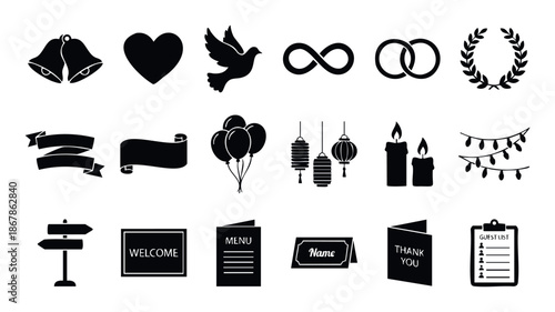 Collection of elegant wedding and celebration icons including bells, rings, heart, dove, lanterns, and party elements for event planning and invitation creation