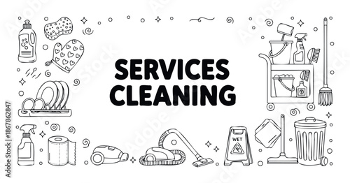 Outline doodle illustration of cleaning services text framed by essential tools and equipment, perfect for promoting janitorial and housekeeping businesses.