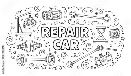 Hand drawn doodle style automotive repair service background featuring various car engine and suspension parts perfect for workshop signage or educational materials for vehicle maintenance.