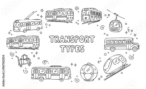 Diverse collection of public transportation vehicles including buses trains trams and cable cars arranged in a circular format for educational resources and childrens activity sheets.