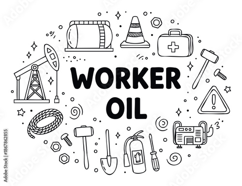 Oil worker equipment and tools doodle collection featuring a pumpjack, storage tank, and safety gear, ideal for industrial sector presentations, educational materials, and occupational