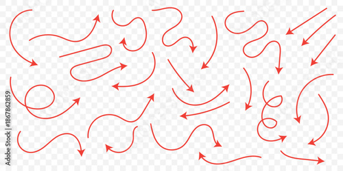 Hand drawn arrows icon set. Sketch curved arrows design. Arrow handmade. Doodle arrows of varios shapes and directions. Pointer and cursor icons