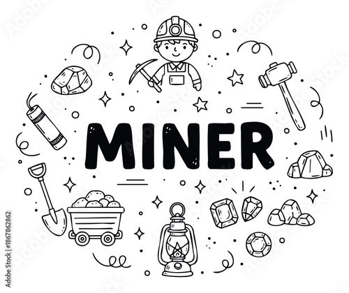 Black and white hand drawn miner character surrounded by essential mining equipment, raw minerals, and sparkling gemstones for educational content, craft projects, or industryrelated