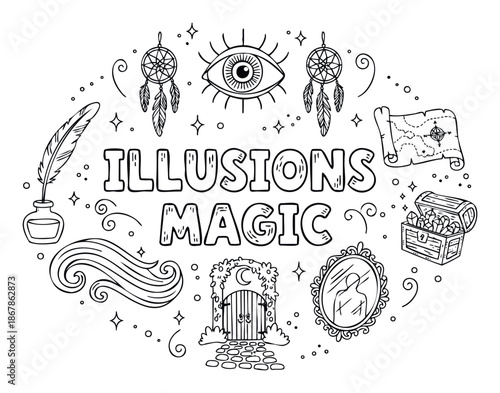 Whimsical line drawing of mystical symbols including an allseeing eye, dreamcatchers, a magic mirror, and a treasure chest, perfect for coloring pages or esoteric themed projects.