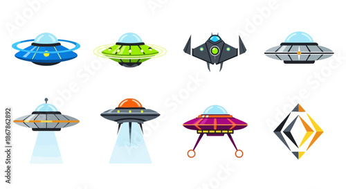 Collection of Diverse Flying Saucer and Alien Spaceship Illustrations in Multiple Designs