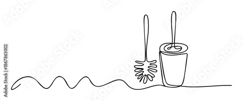 Continuous line drawing of a bathroom cleaning set featuring a toilet brush and its holder, ideal for household hygiene product branding or modern decor applications