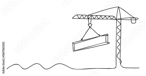 Continuous line drawing of a construction crane lifting a steel Ibeam, symbolizing building, progress, and engineering, ideal for industrial, development, or architectural presentations.