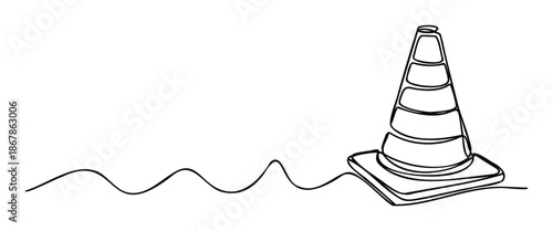 Single line drawing of a traffic cone with a wavy path for road safety and construction warning concepts, suitable for minimalist signage or project announcements