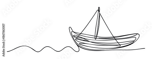 Minimalist single line drawing of a sailboat sailing on wavy ocean water, perfect for nautical themed designs, travel agency branding, or serene graphic prints