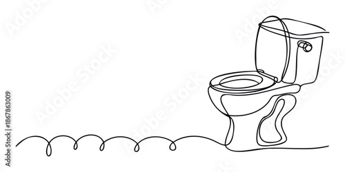 Minimalist continuous single line drawing of a modern toilet with an artistic wavy flow, perfect for plumbing advertisements, bathroom design concepts, or hygiene promotion materials