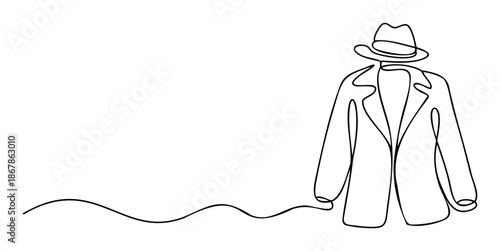 Continuous single line drawing depicting a sophisticated trench coat and fedora hat, evoking themes of mystery, intrigue, and classic detective work for publishing and digital content.