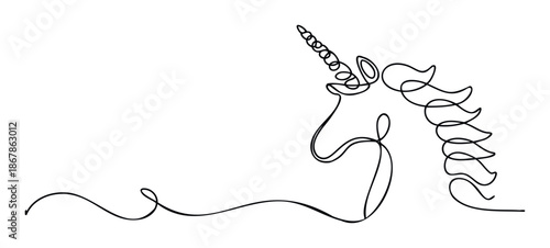 Continuous single line drawing illustrating a magical unicorn with a swirling horn and flowing mane, perfect for mythical tales, fantasy branding, or inspirational content creation.