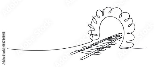 Minimalist continuous line drawing of a train track disappearing into a stylized tunnel entrance, ideal for themes of journey, future, or progress in presentations and educational materials.
