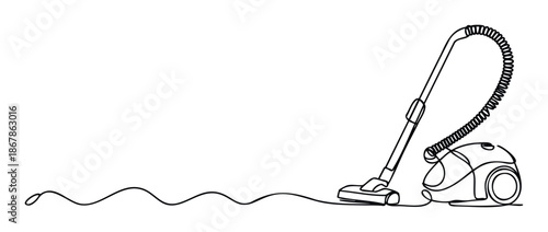 A continuous single line drawing of a modern vacuum cleaner with its hose and wavy power cord for household cleaning services and home appliance promotion