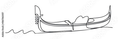 A minimalist continuous line drawing depicting a traditional flatbottomed boat gracefully moving on wavy water, perfect for travel promotions, tourism brochures, or unique event invitations.