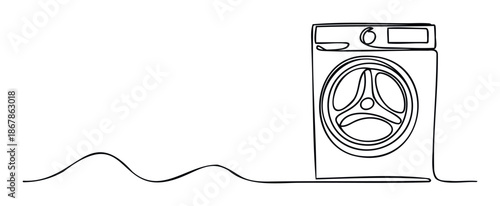 Minimalist line drawing of a modern washing machine with a flowing continuous design, perfect for home appliance marketing, laundry service promotions, or interior decor themes