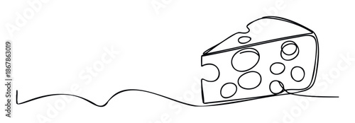 Simple continuous line drawing of a cheese wedge with holes perfect for food blogs, dairy product promotions, restaurant menus, or creative graphic assets