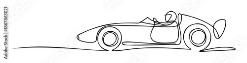 A sleek continuous line drawing of a classic opentop sports car with a driver, ideal for conveying speed and elegance in various print and digital media projects.