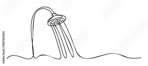 Minimalist one line drawing depicting a running shower head with flowing water, perfect for bathroom renovation guides or wellness and personal hygiene publications.