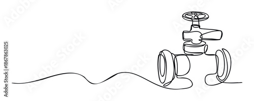 Continuous oneline drawing of an industrial valve and connecting pipe, symbolizing infrastructure and flow, suitable for engineering, energy, plumbing, and utility applications