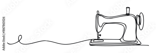 Continuous line drawing of a classic sewing machine with thread flowing to the left, perfect for craft projects, textile business branding, handmade goods advertising, and DIY hobby