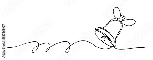 A continuous line drawing of a cheerful holiday bell adorned with a decorative bow, perfect for festive greeting cards, event invitations, or seasonal branding.