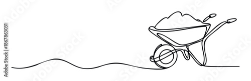 Simple continuous line drawing of a wheelbarrow loaded with earth, perfect for construction, gardening, or landscaping industry graphics and themed projects