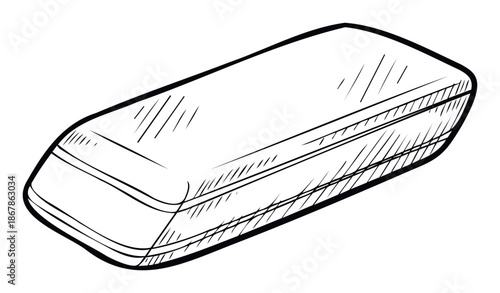 A classic handdrawn black and white line drawing of a simple rectangular rubber eraser, ideal for educational illustrations, stationery promotions, or general office supply branding.