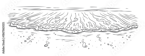Dynamic black and white line drawing illustrating ocean waves breaking on a sandy shoreline, ideal for coastal themed graphics, nature illustrations, or marine environment studies.