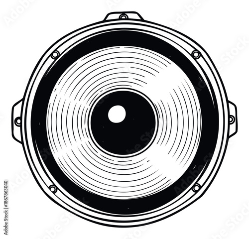 Dynamic audio speaker graphic with bold black lines and concentric circles for music media projects, audio equipment branding, or sound system promotion