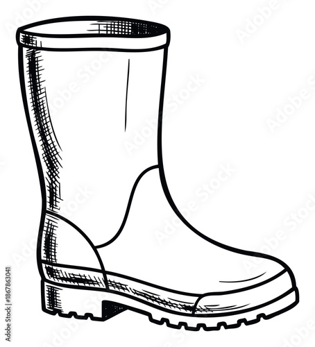 Classic handdrawn rubber boot sketch perfect for gardening and rainy weather related educational materials or seasonal promotions