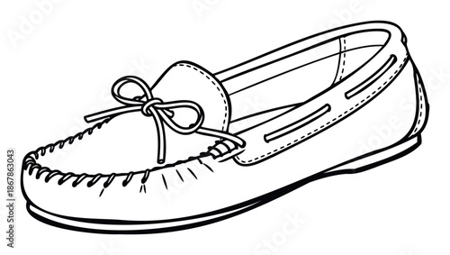 A stylish black and white outline drawing of a comfortable slipon moccasin shoe, perfect for footwear catalogs, apparel graphics, or relaxed lifestyle product advertisements.