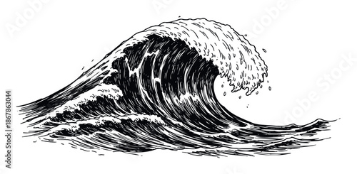 Dynamic handdrawn ocean wave with powerful crashing water and sea foam, perfect for nature themed publications, surf culture promotions, or coastal activity advertisements