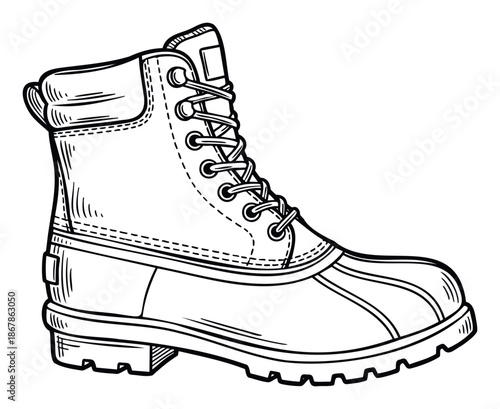 Detailed black line drawing of a sturdy outdoor boot featuring laces and a rugged sole, suitable for apparel advertisements, hiking gear catalogs, and winter footwear promotions.