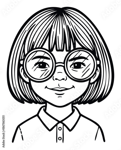 Charming and friendly young girl with short hair and round spectacles smiling, ideal for educational resources, childrens books, school projects, or character representation