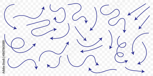 Hand drawn arrows icon set. Sketch curved arrows design. Arrow handmade. Doodle arrows of varios shapes and directions. Pointer and cursor icons