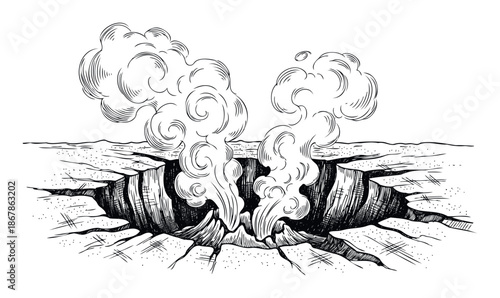 Engraved style illustration depicting a dramatic deep fissure in the cracked ground emitting thick plumes of smoke or steam, suitable for geological and natural disaster educational